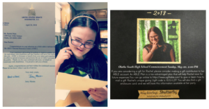 Rachel Mast sitting and reading a letter from her congressman and a photo of her 2018 graduation card asking for gifts to her ABLE account. 