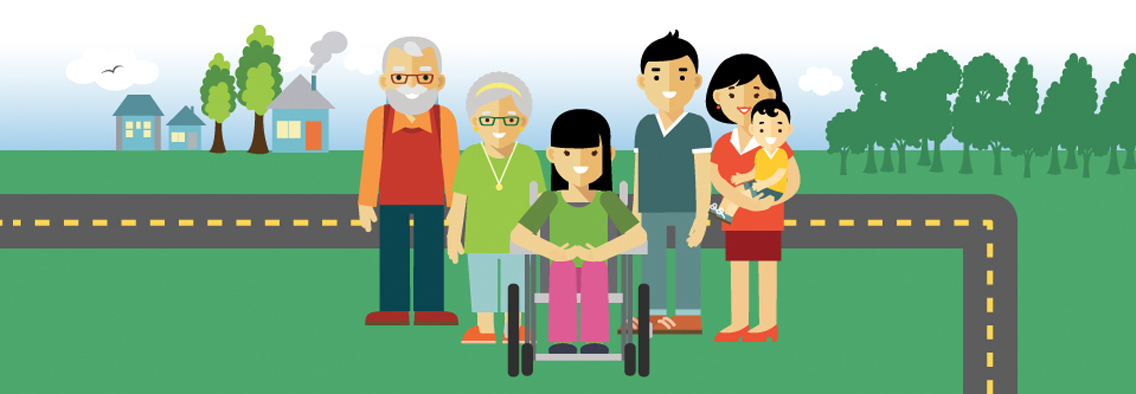 Smiling teenage girl sitting in wheelchair surrounded by grandparents, parents, and younger brother