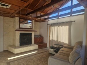 A room in ABLE ambassador Ty Erd Smith's home, with a couch and a fireplace.